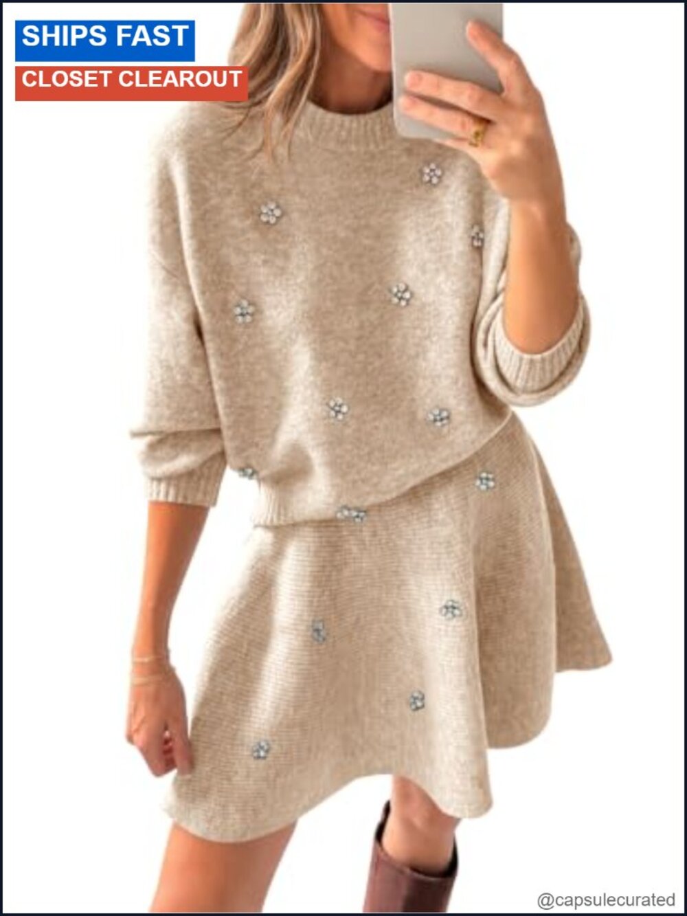 Womens 2 Piece Sweater Skirt Set Long Sleeve Crew Neck Knit Mini Rhinestones